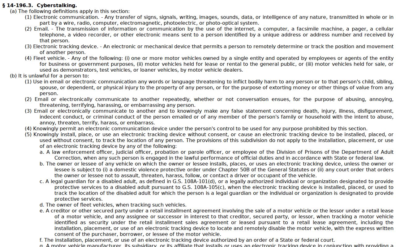 Kernersville neighbors page North Carolina cyberstalking privacy limit