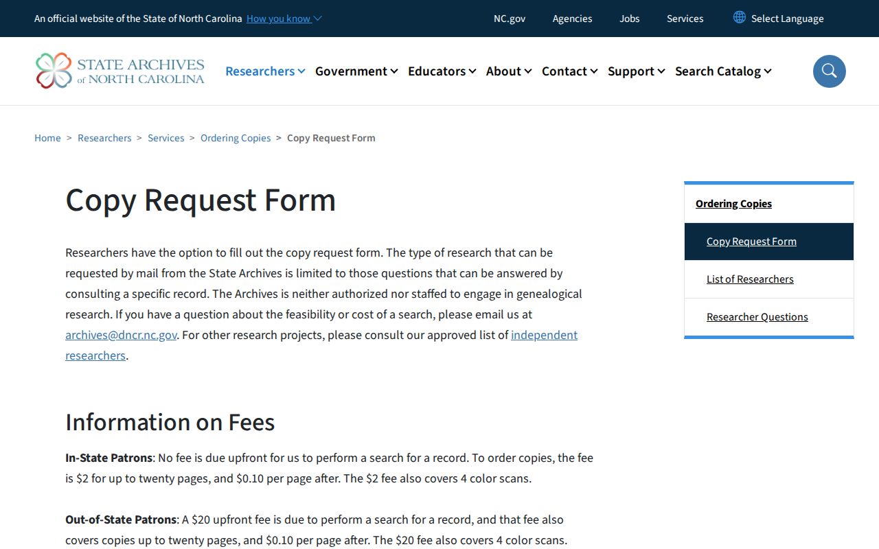 Kernersville previous residents North Carolina Archives copy request form